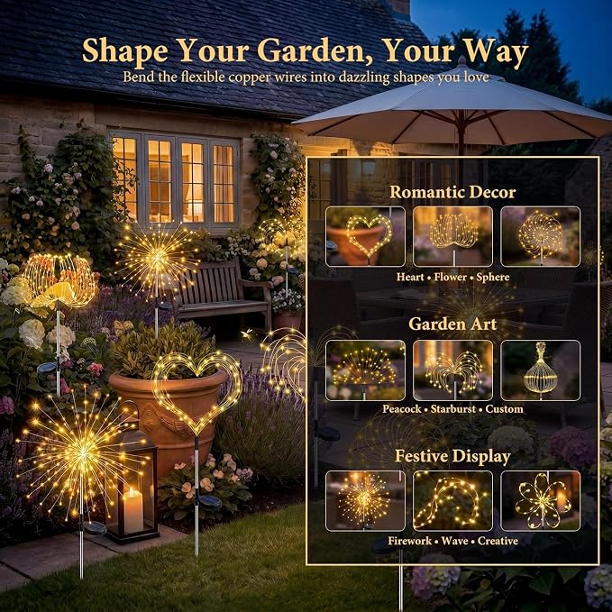 Solar Firework Lights Outdoor 2 Pack, 120LED Starburst Garden Lights Solar Powered with 8 Lighting Modes, Waterproof Decorative Lights for Flower Beds, Walkways, Small Garden & Patio Decor