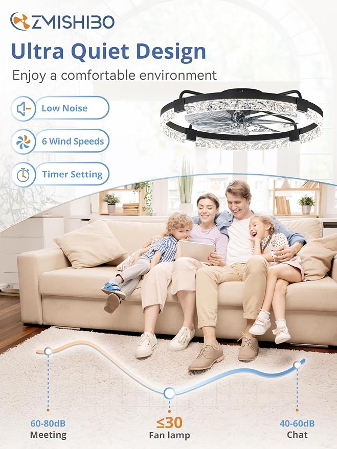 ZMISHIBO 24 Inch Ceiling Fans with Lights, Flush Mount Remote & App Control | 3CCT Dimmable LED, DC Motor, Bladeless, Reversible Blade, 6 Speeds, Modern, Low Profile, Enclosed, Bedroom, Kids, Girl, Adult