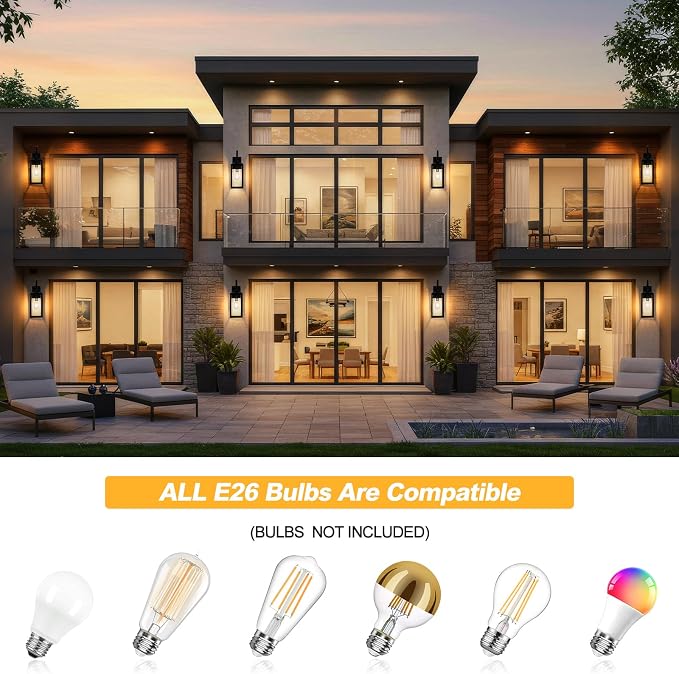 19" Dusk to Dawn Outdoor Lighting Porch Lights Black with Gold Trim 2 Pack | Large Outdoor Wall Lights, Sensor Exterior Lighting Fixtures, Toughened Glass, E26 Socket, Waterproof for House Garage