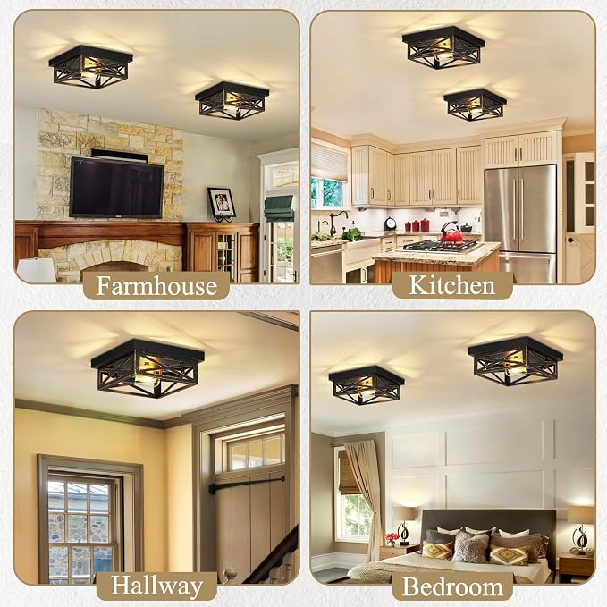 SKEJAO Black Flush Mount Ceiling Light Fixture,2-Light Square Rustic Vintage Metal Black Hallway Light Fixtures Ceiling for Farmhouse,Kitchen,Hall,Bedroom (2 Pack)