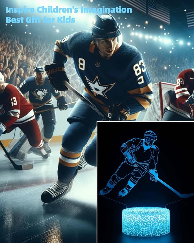 Ice Hockey Player 3D Illusion Night Light, 3 Patterns, Lamp Gift | 16 Color Changing, Dimmable, Touch & Remote Control, Room Bedroom Decor for Boy Girl, Birthday Christmas Toy Kid Teen