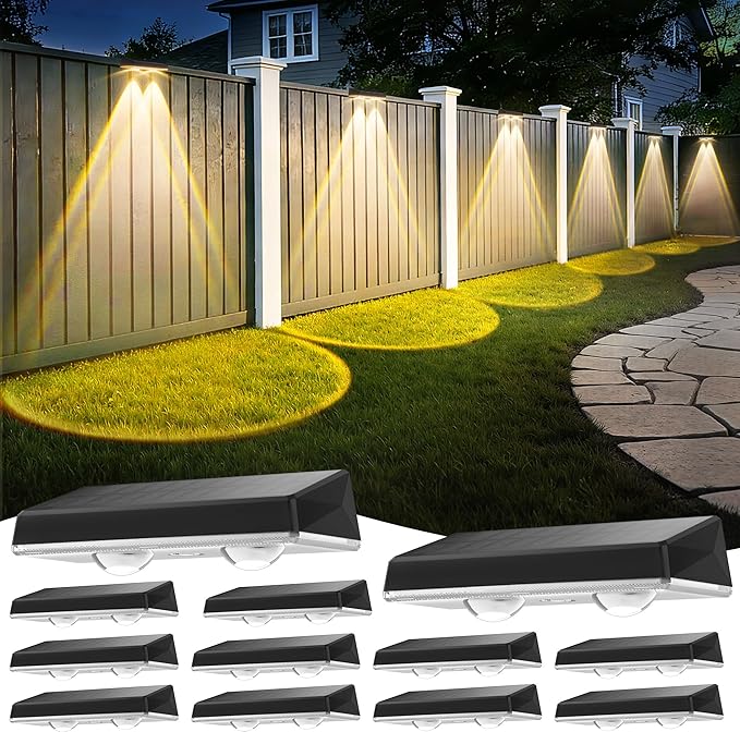 Solar Fence Lights 3 Color Temperatures(3000K/4500K/6000K) Dusk to Dawn Solar Deck Light with ON/Off Push Switch Waterproof Solar Wall Lights for Outside/Backyard/Step/Patio/Pool, 12PACK