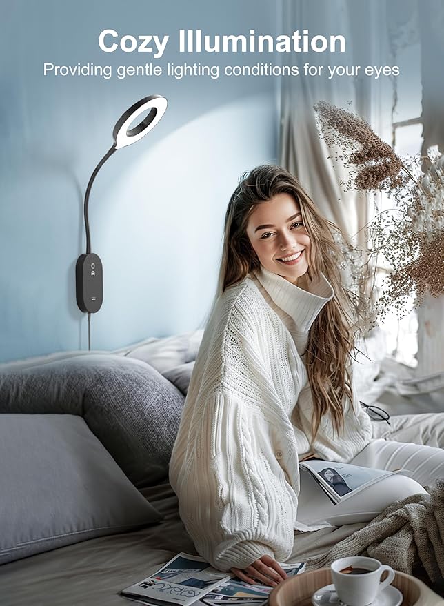 LED Wall Reading Light,Bedside Headboard Lights with 10W USB Output Fast, Wall Reading Lamps with 4 Color Modes & 5 Dimmable, Memory Function, 4-Hour Auto Off Ring Light Black