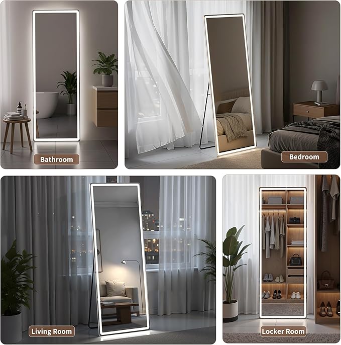 Full Length Mirror with LED Lights, 60"x16"Floor Mirror with Dimming & 3 Color Lighting, Free Standing Floor Mirrors, Lighted Full Body Mirrors for Bedroom, Dressing Room, Cloakroom