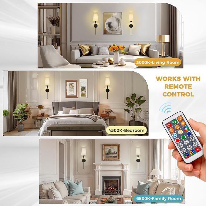 Battery Operated Wall Sconce: Set of 2 Wireless Wall Light 12000mAh | 15 Color Rechargeable Wall Sconces, Sconce Wall Decor Set of 2 for Bedroom, Living Room, Black, 27in