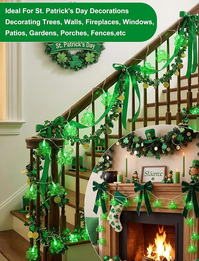 Shamrock String Lights, 8.5Ft St Patrick's Day Decorations with 10 3D Green Clover Lights, Plug in Clover Fairy String Lights for Party Bar Garden Bedroom Party Irish Holiday Decor