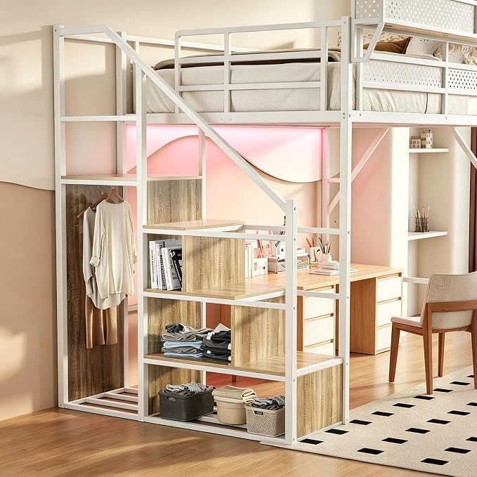 Queen Size Metal Loft Bed with Reversible Stairs and LED & USB Port | Storage Shelf, Reversible Storage Stairs with Wardrobe, LED Lights,USB Charging Port,Noise-Free Design, Large Under Bed