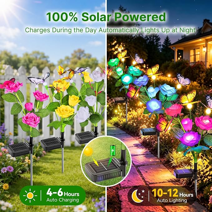 Solar Garden Lights Outdoor, 3 Pack Solar Flower Swaying Butterfly Lights | 12 Color Changing Rose Flowers & 9 Warm White Butterflies, IP65 Waterproof Garden Decor for Outside, Gifts for Women