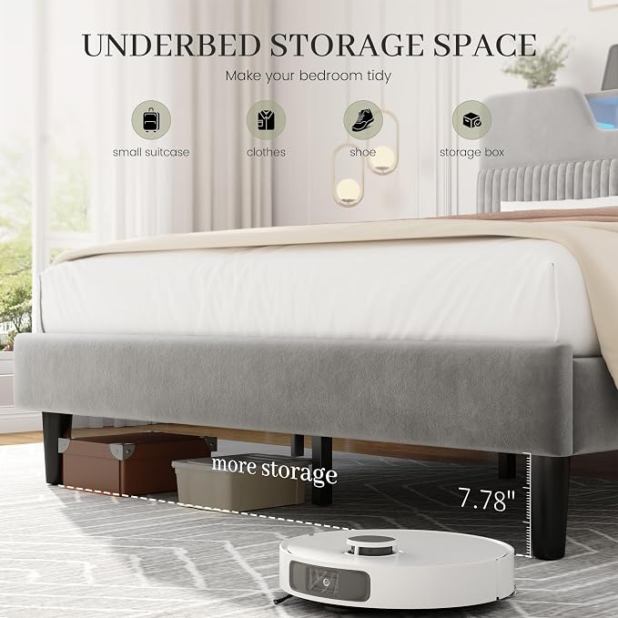 Homkdom Queen Bed Frame with Charging Station & Storage Headboard,Grey | 1USB-C & 2USB-A Charging, RGB LED Lights,7.78" Under-bed Storage,Velvet Upholstered Headboard,No Box Spring,Easy Assembly.