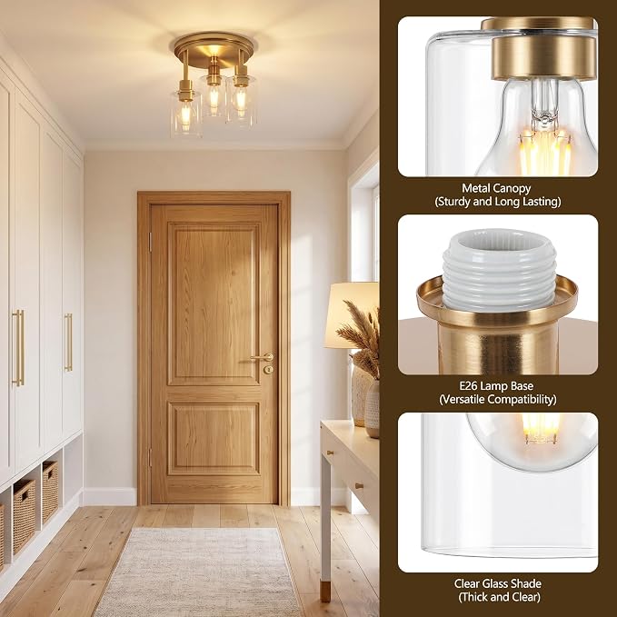 Semi Flush Mount Ceiling Light, 3-Light Close to Ceiling Light Fixtures, Brass Gold Finish Kitchen Light Fixtures with Clear Glass Shade Patriot Lighting for Entryway Porch Hallway, 8.8"X11"