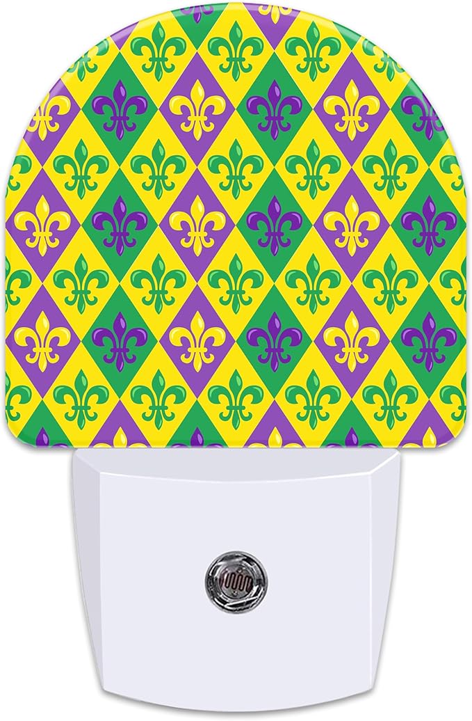 Happy Mardi Gras Carnival Night Light for Kids,Colorful Fleur De Lis Plug in Night Light with Dusk to Dawn Sensor, 0.5w Energy Saving Nightlight for Hallway Stairway Kitchen Bedroom