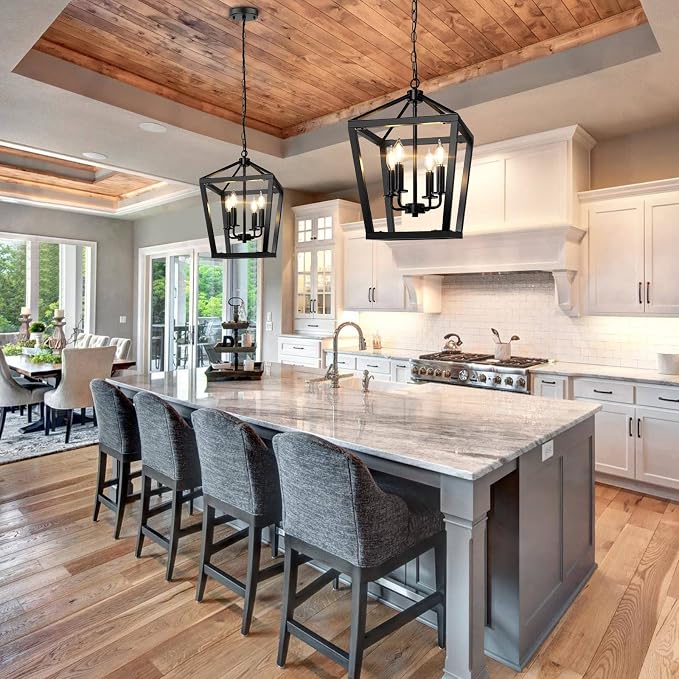 BrightHome Farmhouse Chandelier 4-Light, Black Pendant Light Fixture Ceiling Hanging for Kitchen Island Dining Room, Lantern Industrial Lighting with Metal Cage Adjustable Height for Entryway Foyer | Industrial Kitchen Lantern chandelier Over Table, Pe...