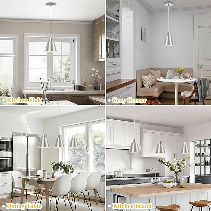 Industrial Pendant Lights, Brushed Nickel Pendant Light Fixtures, Vintage Kitchen Island Lights with Metal Shade, Farmhouse Pendant Lights for Dinning Table Bedroom Bar - Nickel, 3 Packs