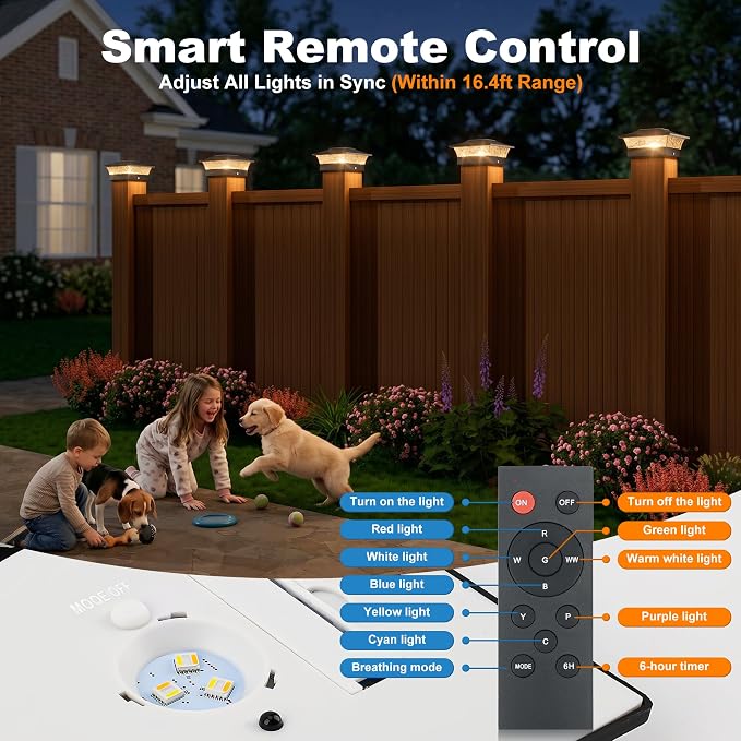 4x4 Post Solar Lights Color Changing with Remote, 8 Pack Black | RGB Solar Post Lights, 4x4 Post Caps Wood Vinyl,5x5 Vinyl & 6x6 Wood,IP64 Waterproof Fence Post Solar Lights Outdoor for Deck