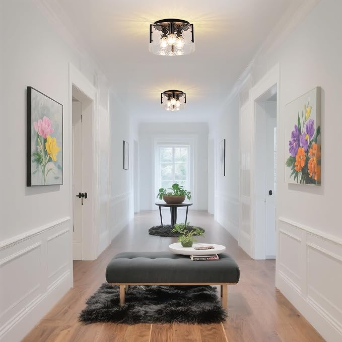 MAYNA Modern Black Semi Flush Mount Ceiling Light Fixture, 3-Light Hallway Light Fixtures Ceiling Mount, Dimmable Kitchen Lighting Fixtures Ceiling Lights for Bedroom Bathroom Dining Room Entryway