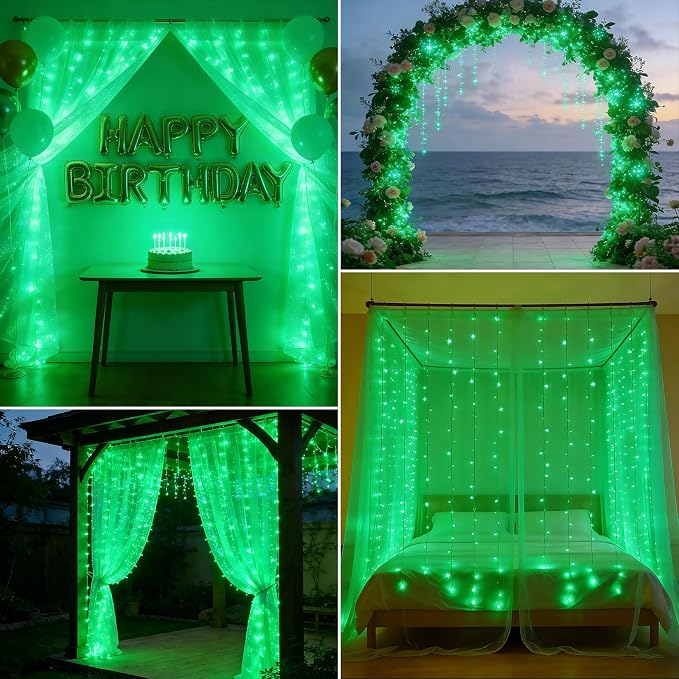 300LED Fairy Curtain Lights 9.8ft x 9.8ft LED Dimmable Twinkle Lights | with Remote and Timer USB Plug in 8 Modes String Lights for Bedroom Indoor Outdoor Party Christmas Decor, Green