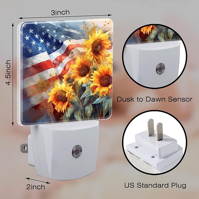 American Flag with Sunflowers Night Light Plug into Wall,Watercolor USA Flag Patriotic Dusk to Dawn Night Light Plug in,0.5w Energy Saving Sleep Friendly NightLight for Kids Boys Girls Home Decor
