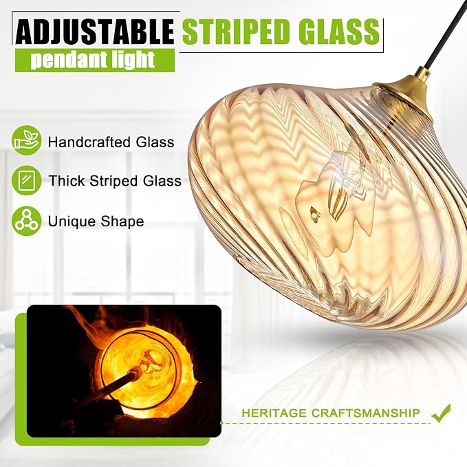 11in Gold Pendant Lights Kitchen Island with Amber Glass Shade 1Pack | Handcrafted Glass Pendant Light Fixtures, UL Certified, E26 Base 100W Max, Height-Adjustable, Dimmable Hanging Pendant Light