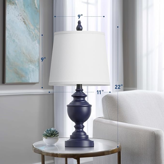 Retro Table Lamps Set of 2, Bedside Lamp for Bedroom Rustic Farmhouse Table Lamps for Living Room, Vintage Nightstand Lamps with White Shades, Blue