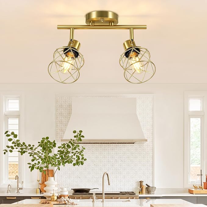 Baocuz 2-Lights Kitchen Track Lighting Ceiling, Adjustable Multi-Directional Gold Ceiling Light Fixtures, Rotatable Farmhouse Light Fixtures Ceiling Mount with Metal Cage for Dining Room, Living Room