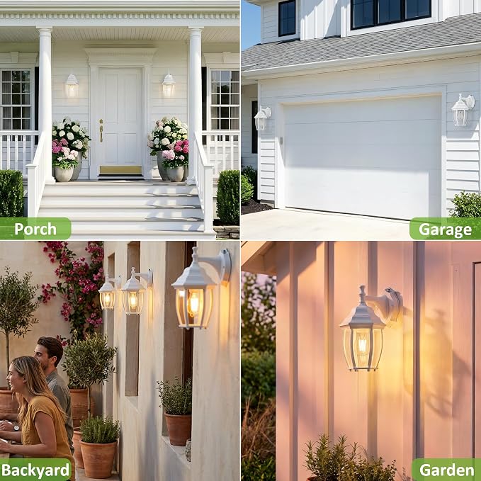 Outdoor Wall Light Fixture, Rustproof Aluminum, Glass | Dusk to Dawn Large Exterior Porch Light Wall Sconce Lantern for House, Patio, Garage, Waterproof, E26 Socket 60W Max, White