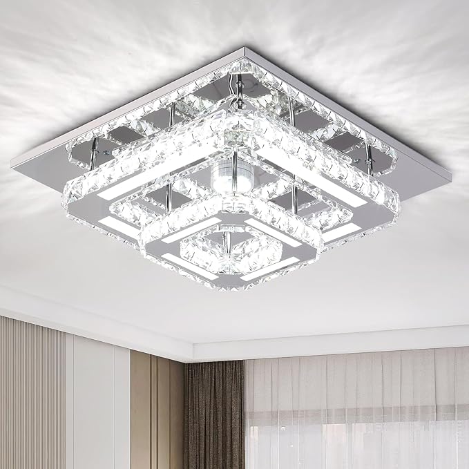 FRIXCHUR Crystal Chandelier LED Crystal Ceiling Light 2 Layers 12 inch Flush Mount Ceiling Light Modern Chandeliers Lighting for Bedroom Hallway Staircase Kitchen Closet (Cool White)