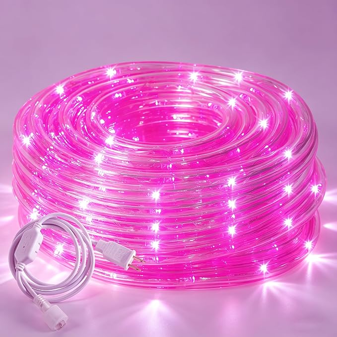 50ft Pink Rope Lights,Connectable for Indoor & Outdoor,110V Transparent Flexible Tube Lights,Waterproof LED Rope Lighting for Outside,Deck,Patio,Pool,Camping,Bedroom Decor,Landscape Lighting