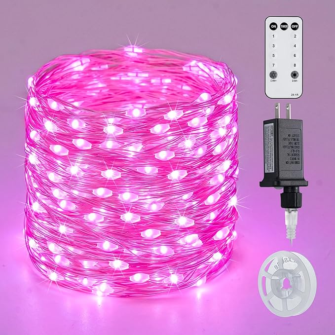 JMEXSUSS 200 LED Room Fairy Lights, 66 ft Pink Lights Outdoor Waterproof | 8 Modes Pink String Lights Indoor with Wheel, Remote Control Twinkle Christmas Lights Plug in for Christmas bedroom Decor