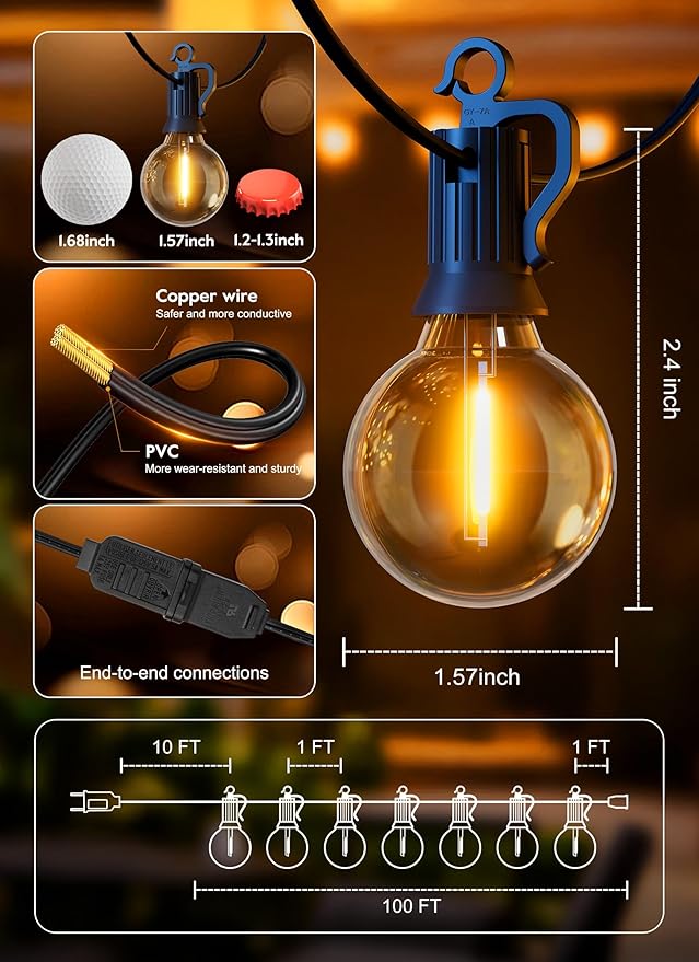 Outdoor String Patio Lights, 100FT 100 LED Patio Lights Waterproof, Connectable Shatterproof Hanging Outside String Light for Backyard, Porch, Deck, Balcony, Garden, House Decor, 2200K