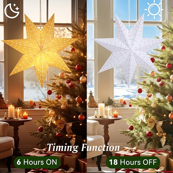 Lewondr Christmas Paper Star Lantern 3 Pack, Hanging 7-Pointed Star Lights with Hollowed Dots, LED Paper Lanterns with 6H Timer for Holiday Home Decoration, with Remote Control, Warm Light