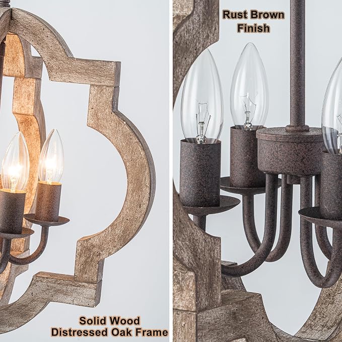 16" Farmhouse Chandelier Orb Distressed Wood Oak Dining Room Light Fixture | Rustic Country Style, Rust-Brown Finish, 4-Light Hanging Pendant Light For Foyer Entryway Kitchen Island Bedroom Over Table