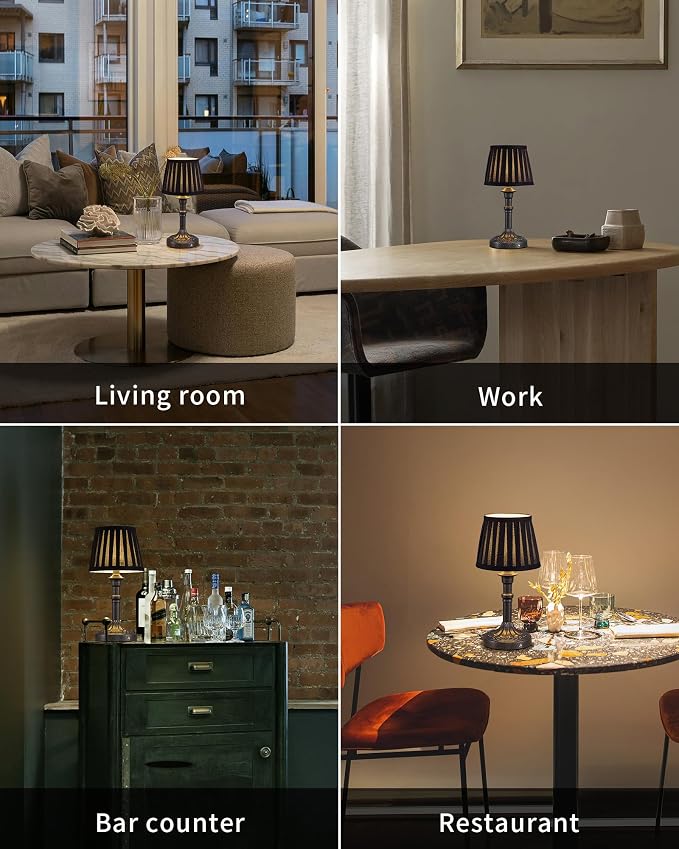 KDG Mottled Silver Cordless Table Lamps Set of 2, Black Fabric Shade Light | 2700K Stepless Dimmable 4000mAh Battery Powered Portables Small Desk Lamp, LED Lighting for Living Room, Dining Room, Bedroom