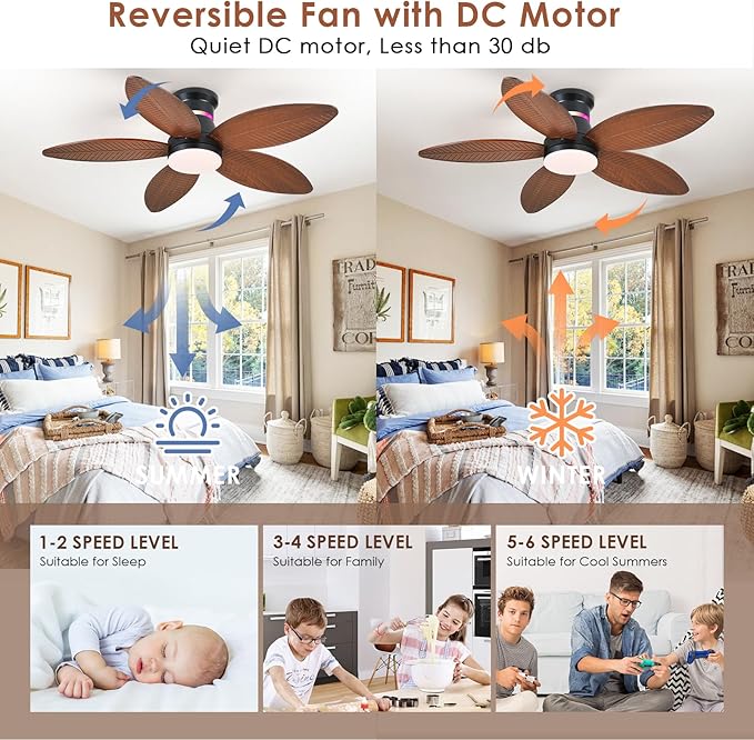 Tropical Palm Leaf RGB Ceiling Fans with Lights 46”, Brown Flush Mount Ceiling Fan with Light and Remote, 3CCT Dimmable LED&&Side RGB Light, Reversible 6 Speeds, Quite Low Profile Ceiling Fan Party