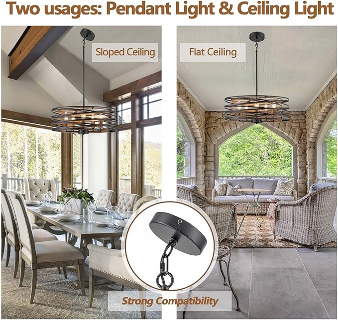 Bargeni Chandeliers,20 Inch Dining Room Light Fixture,Matte Black Dining Room Chandelier with Wood-Like Interior,5-Light Farmhouse Chandelier for Kitchen Island,Living Room,Foyer,Stairway