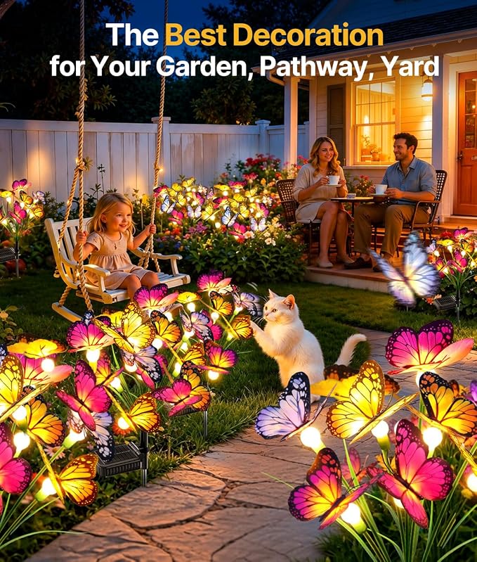 Solar Butterfly Garden Lights, 2 Pack 16 Swaying Butterflies | Lifelike Silk Wings on Wire Stems, For Yard, Patio, Pathway & Lawn, IP65 Waterproof Outdoor, Flutters in Any Breeze