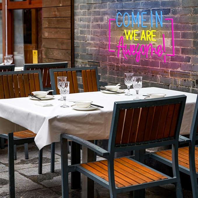 Come In We Are Awesome Neon Sign Usb Powered Positive Quotes Neon Light for Wall Decor Dimmable Open Come In Light Sign for Bar Coffee Hotel Shop Pub Store(15.75 * 12.6In)