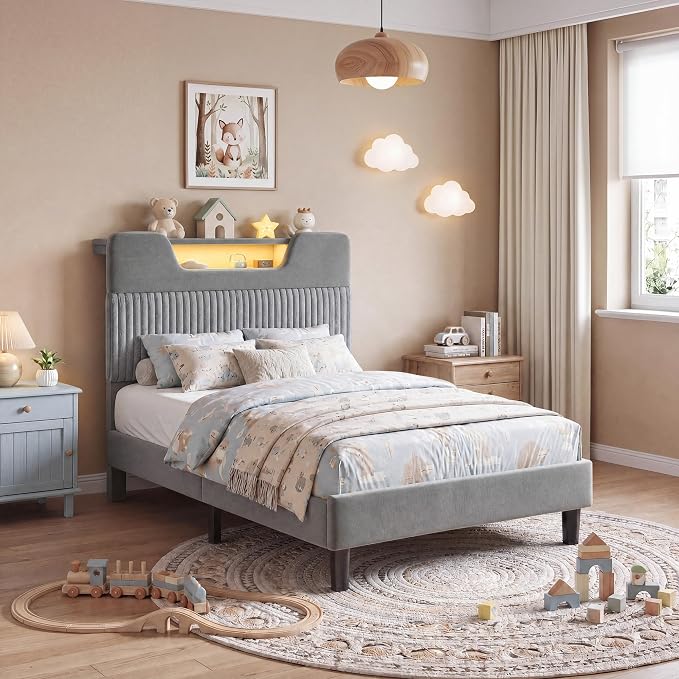 Homkdom Full Bed Frame with Charging Station & Storage Headboard,Grey | 1USB-C & 2USB-A Charging, RGB LED Lights,7.78" Under-bed Storage,Velvet Upholstered Headboard,No Box Spring,Easy Assembly.