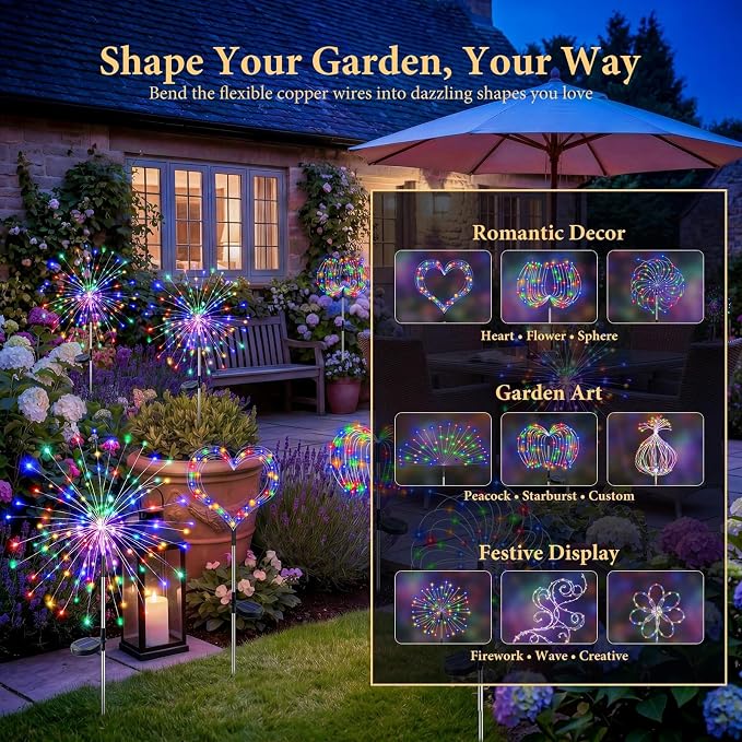 Solar Firework Lights Outdoor 2 Pack, 120LED Solar Starburst Garden Lights with 8 Modes, Waterproof Decorative Sparkle Light for Backyard, Garden, Patio Lawn Landscape & Halloween Party Decor