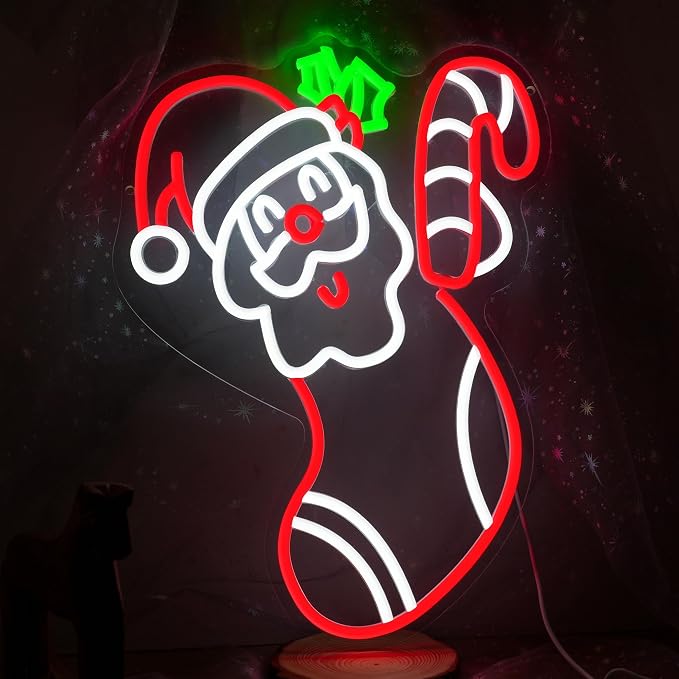 Merry Christmas Neon Sign Dimmable Santa Claus In Stockings Neon Light USB Powered Holly Led Light up Sign for Christmas Eve Party New Year Home Bar（16.5 * 12.6 In）