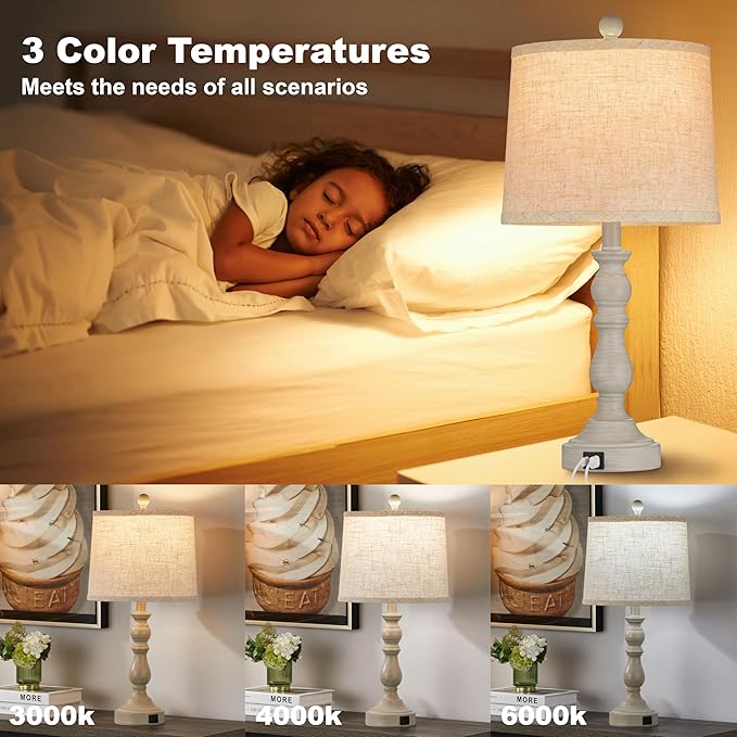 Farmhouse Side Table Lamps for Living Room Set of 2 with USB C+A Ports, Bedside Lamp for Bedroom, Dining Room Decor, Office, End Table, Knob Switch, 3 Color Temperatures, Bulb Included, Beige