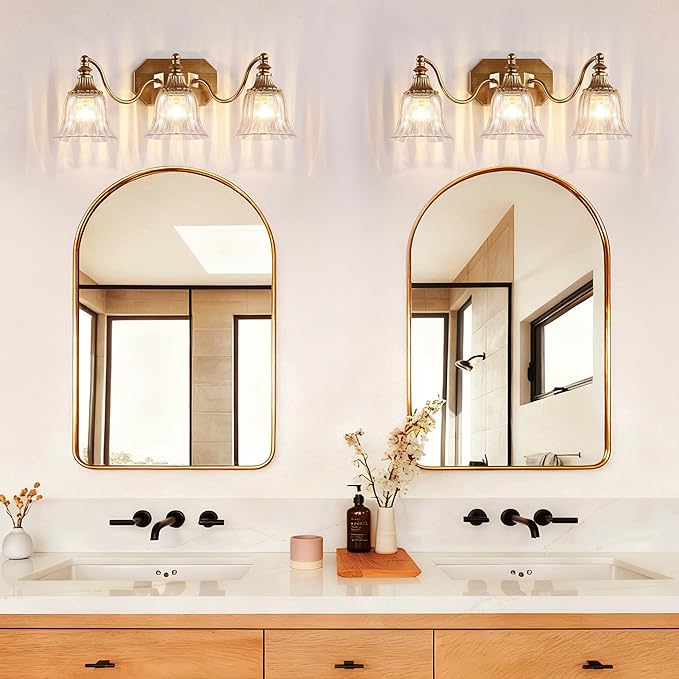 Gold Vintage Bathroom Light Fixtures, 3-Lights Bathroom Vanity Light, Antique Brushed Gold Lighting Fixtures Over Mirror with Crystal Glass Shade, Wall Sconce Lighting