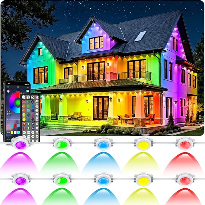 200FT Permanent Outdoor Lights Waterproof with Smart App Control Remote,DIY Scene Modes,Music Sync hronization,Eaves Lights for Garden Decor,Deck,Christmas