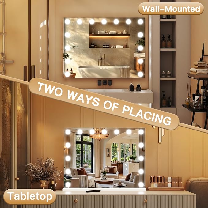 ROLOVE 23"x18" Hollywood Vanity Mirror with Lights, 15 Dimmable LED Bulbs, led Makeup Mirror with 3 Color Modes, Lighted Vanity Mirror for Tabletop or Wall-Mounted