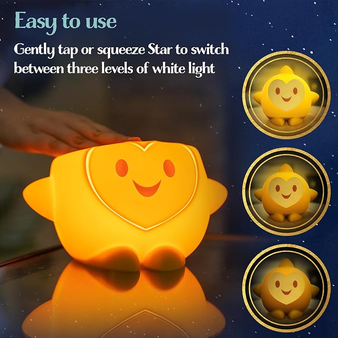 Disney Squish'ems Wish Star Night Light for Kids, Soft Silicone | Dimmable Kids Bedside Lamp, Light for Kids Room, Bedroom, and Playroom, USB Powered with AAA Battery Option