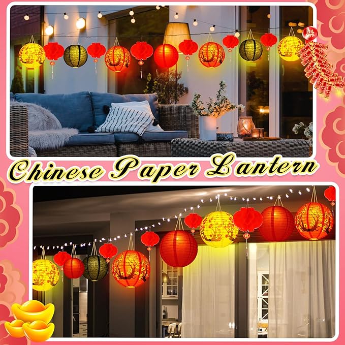 Tuanse 30 Pcs Chinese Japanese Paper Lanterns with LED Light, 2026 Chinese Lunar New Year Decoration Cherry Blossom Red Hanging Lanterns for Spring Festival Home Decor(Multi Size,Red, White, Black)