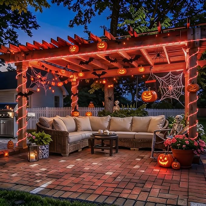 YEGUO Solar Halloween Lights, 2 Packs Each 33ft 100 LED String Lights Outdoor Waterproof, 8 Modes Fairy Lights in Clear Thin Tube for Camping Fence Patio Garden Trampoline Deck(Red)
