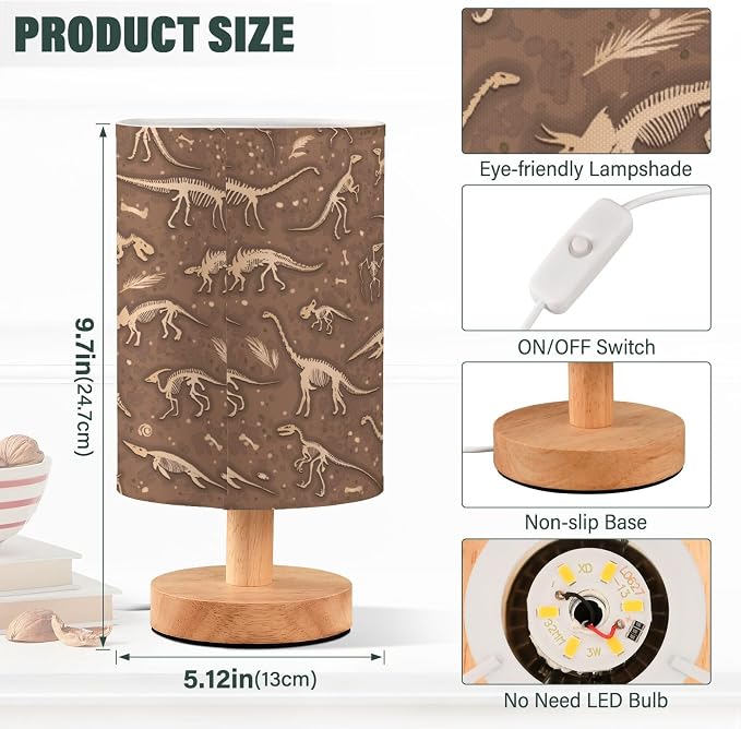 Table Lamp Dinosaur Fossil Dino Skeletons Pattern Nightstand Lamp with Wood Base Fabric Lamp Shade Bedside Desk Lamp for Living Room Bedroom Kids Room Office