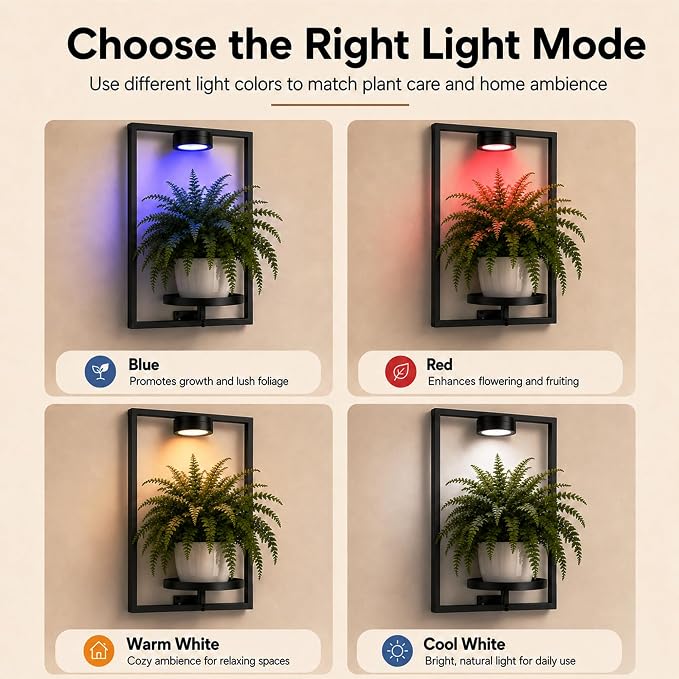 2 Pack Plant Wall Shelf with Grow Light, Wall Mounted Indoor Plant Shelf | Rechargeable Cordless Magnetic Grow Light with Remote Timer Dimming, Floating Plant Shelf for Living Room Office Decor