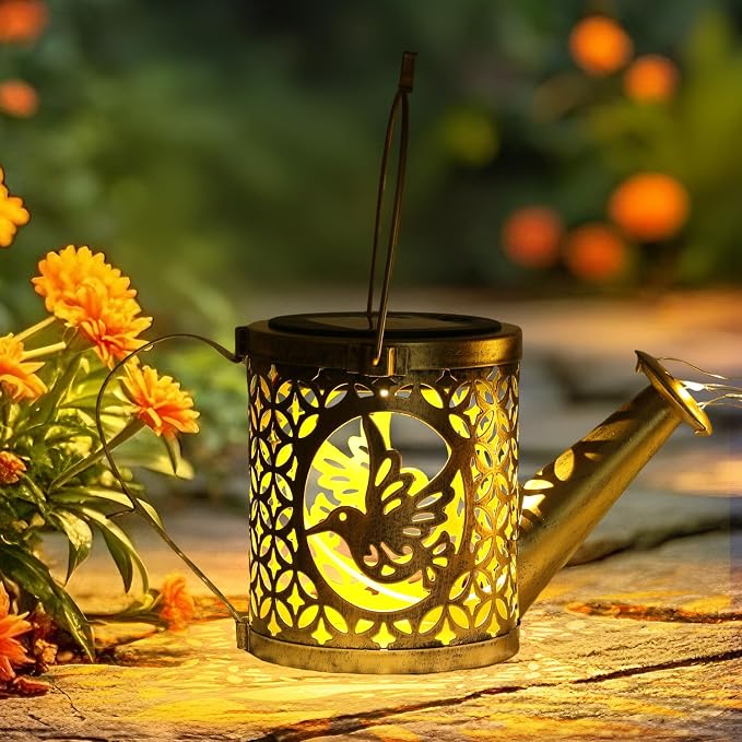 ZKLiLi Solar Fairy Hummingbird Watering Can Lights Outdoor, Waterproof Garden Decor with one Pole Two Light - Hanging Patio Lawn Pathway Gift for Backyard,Lawn,Patio Gifts for Mom Grandma Women