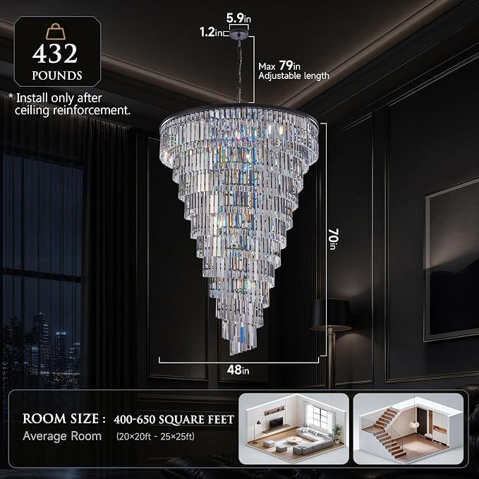 48 Lights Spiral Crystal Chandelier Black Modern Light Fixture Large Chandelier, 48'' W High Ceiling Foyer Ceiling Hanging Pendant, Entryway, Dining Room, E12 LED Bulbs, Black